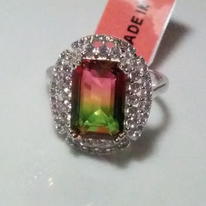 Simulated Watermelon Tourmaline in CZ Halo SS Ring